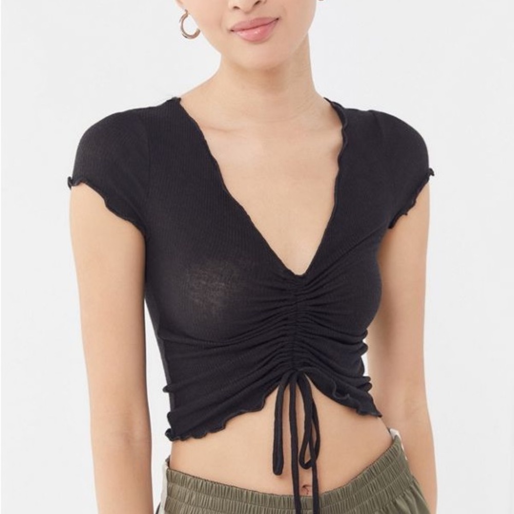 Out from Under tie front Black Ruched V-Neck Top